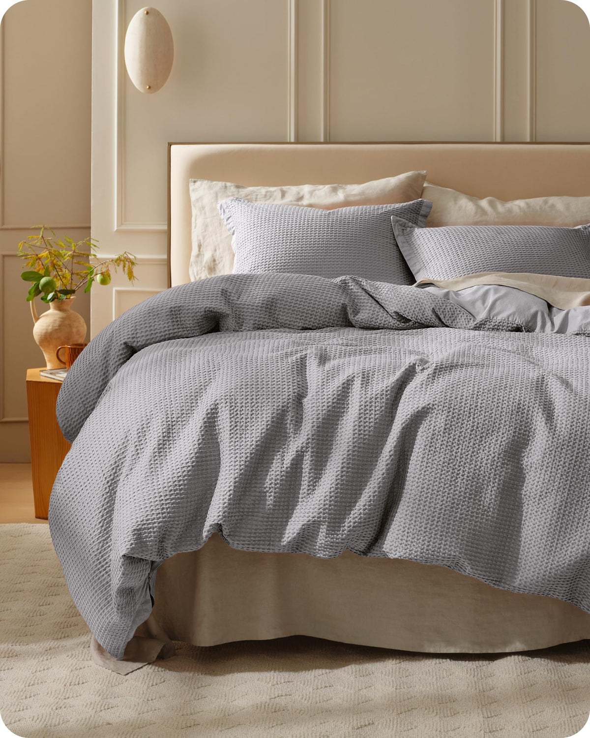 Bedsure PureWoven 3 Pieces 100% Cotton Waffle Duvet Cover Set, Queen, Linen