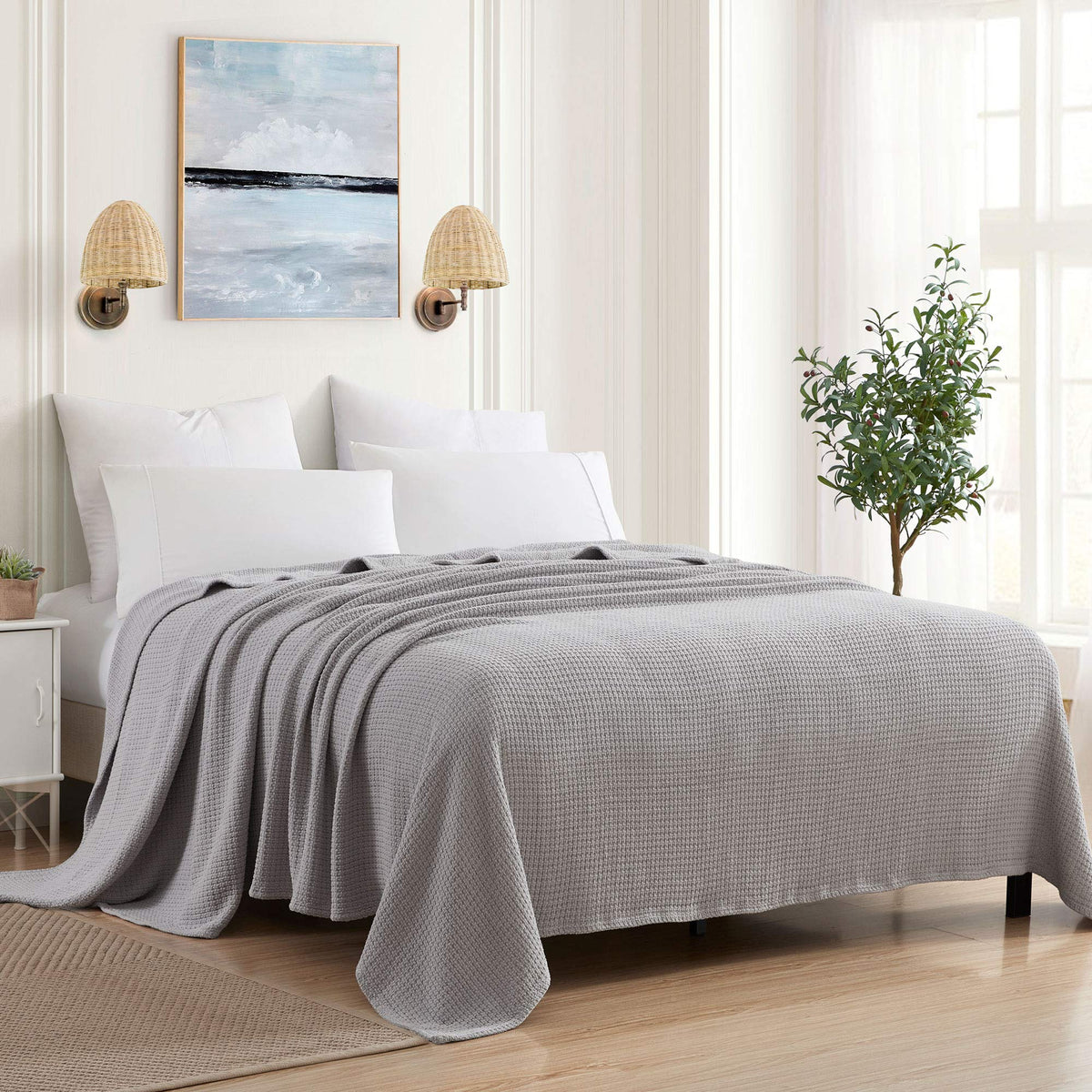 Sweet Home Collection 100% Fine Cotton Luxurious Basket Weave Blanket, Ivory Full/Queen(Pack of 1)