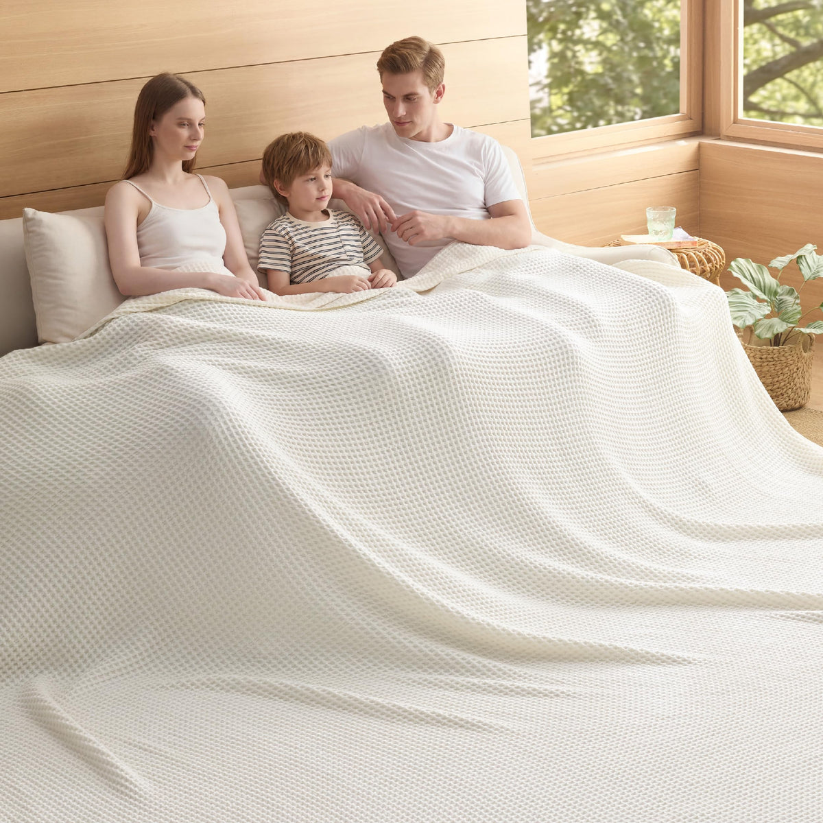 Bedsure Lightweight 100% Cotton Waffle Blanket, Throw XL, Linen