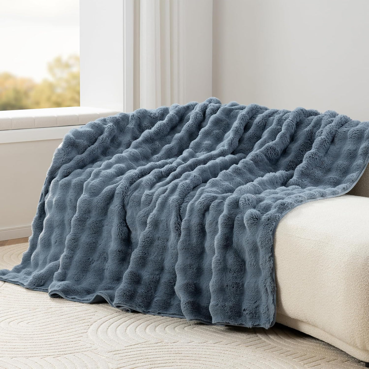 Berkshire Faux Fur & Velisse Reversible Blanket - Ultra Soft Plush Blanket for Couch and Bed, Luxury Fluffy Sofa Decor, 90" x 90", Polar Blue