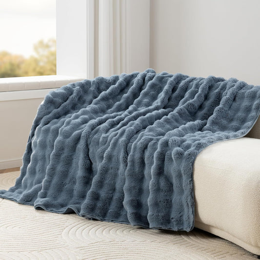 Berkshire Faux Fur & Velisse Reversible Blanket - Ultra Soft Plush Blanket for Couch and Bed, Luxury Fluffy Sofa Decor, 90" x 90", Polar Blue