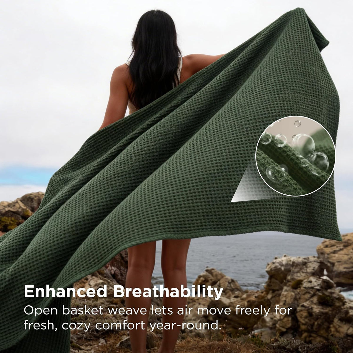 Bedsure GentleSoft 100% Cotton Blanket Queen Size for Summer - Breathable Lightweight and Soft, Basket Waffle Weave Woven Aesthetic Blankets for Women Gift, Home Decor, Olive Green, 90x90 inches
