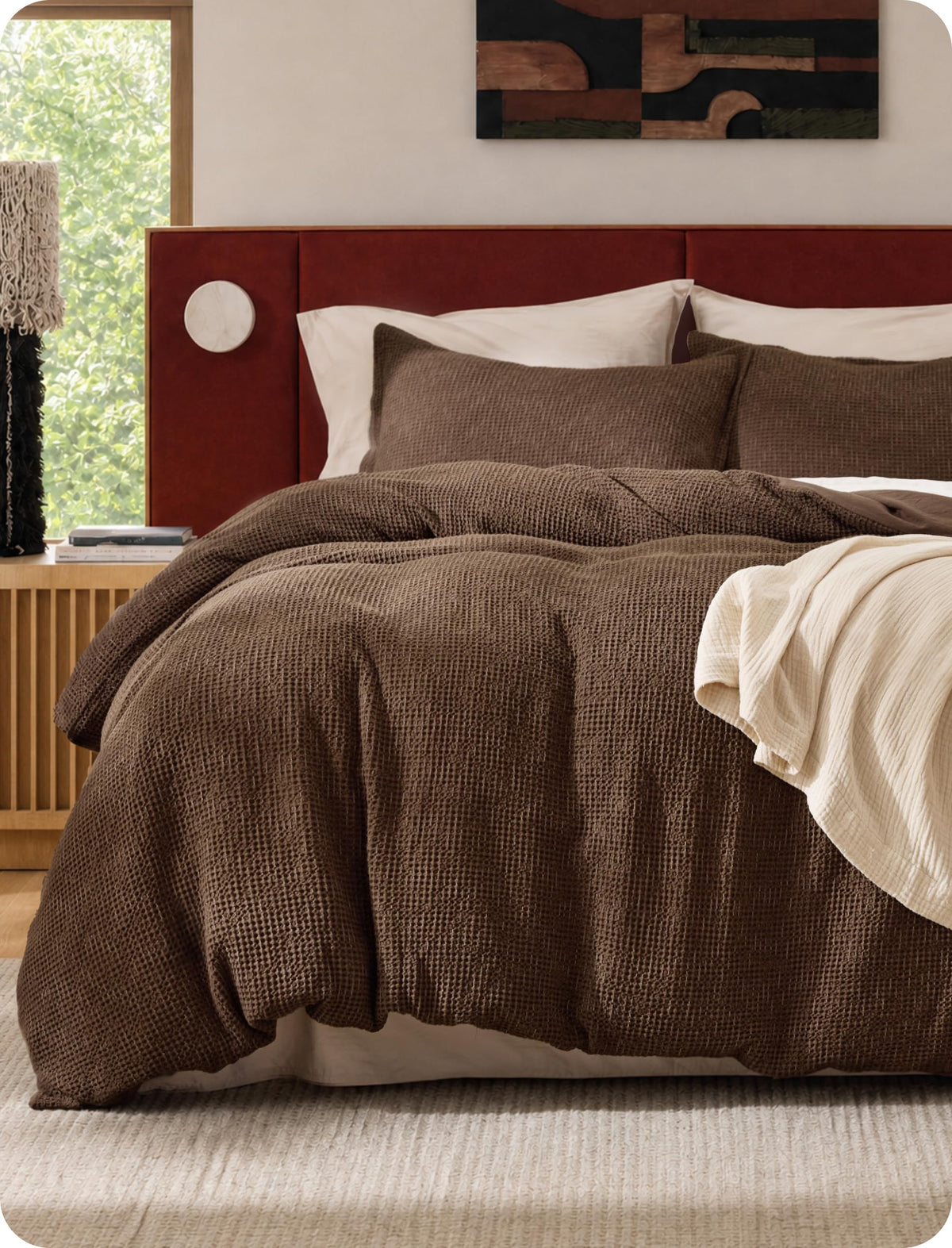 Bedsure PureWoven 3 Pieces 100% Cotton Waffle Duvet Cover Set, Queen, Linen