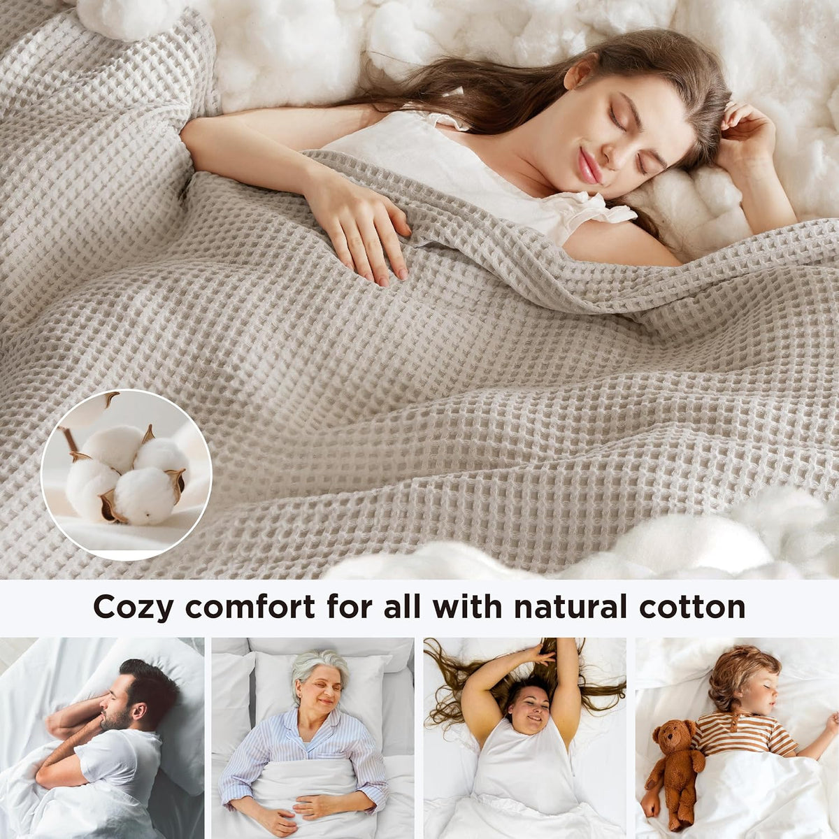 Bedsure Lightweight 100% Cotton Waffle Blanket, Throw XL, Linen