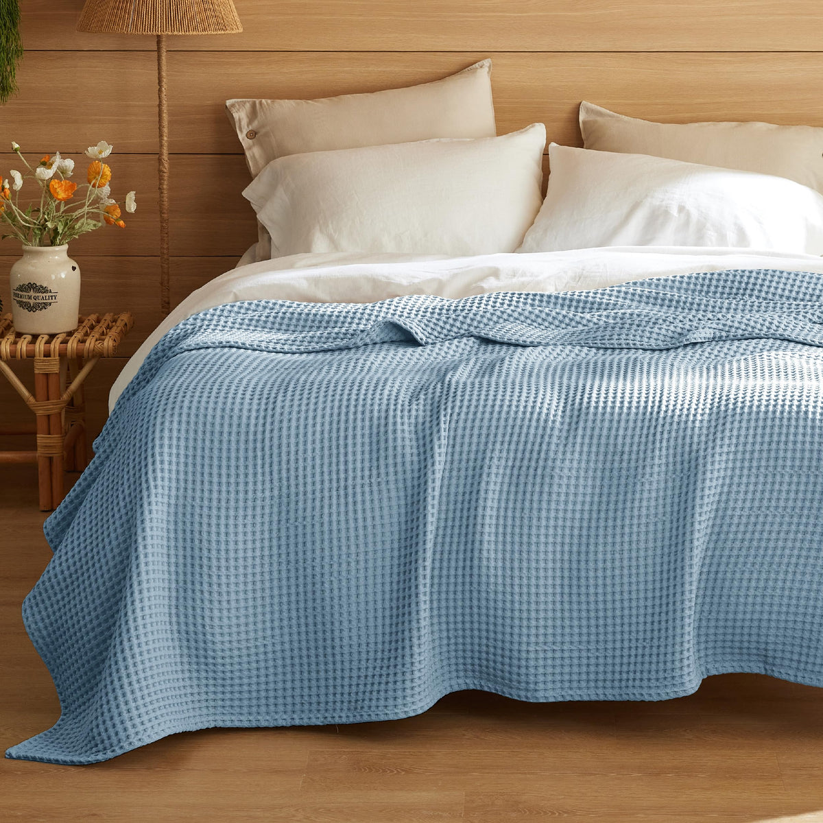 Bedsure Lightweight 100% Cotton Waffle Blanket, Throw XL, Linen