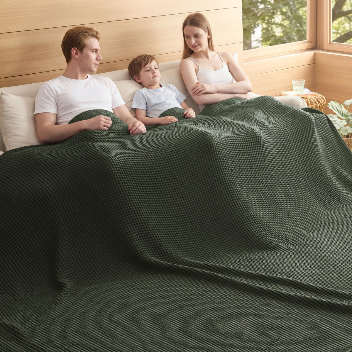 Bedsure Lightweight 100% Cotton Waffle Blanket, Throw XL, Linen