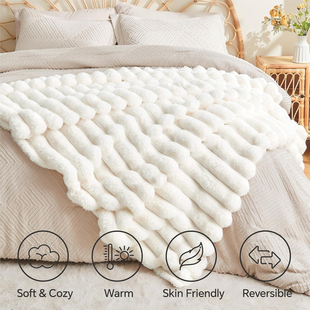 BEDELITE Faux Fur Throw Blanket for Couch, 770GSM, 50" x 60", Cream
