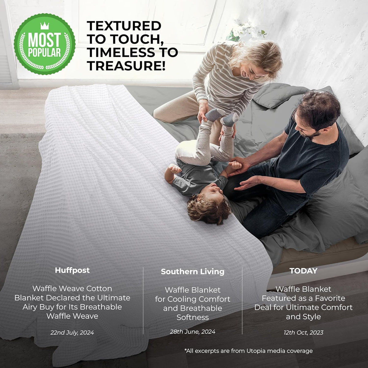 Utopia Bedding 100% Cotton Waffle Blanket Queen Size White, 90x90 Inch