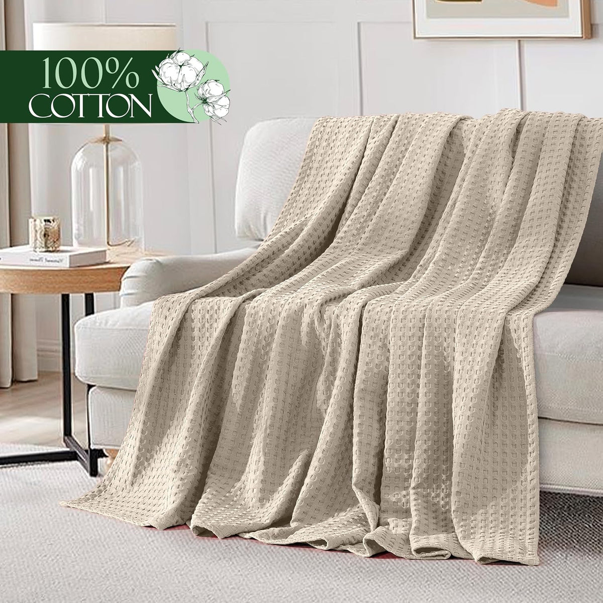 Elegant Comfort Premium 100% Cotton Waffle Blanket - Lightweight Breathable Waffle Weave Bed Blanket - Soft and Warm All Season Blanket for Couch, Sofa and Bed, King Size 90x108 Inches, Linen