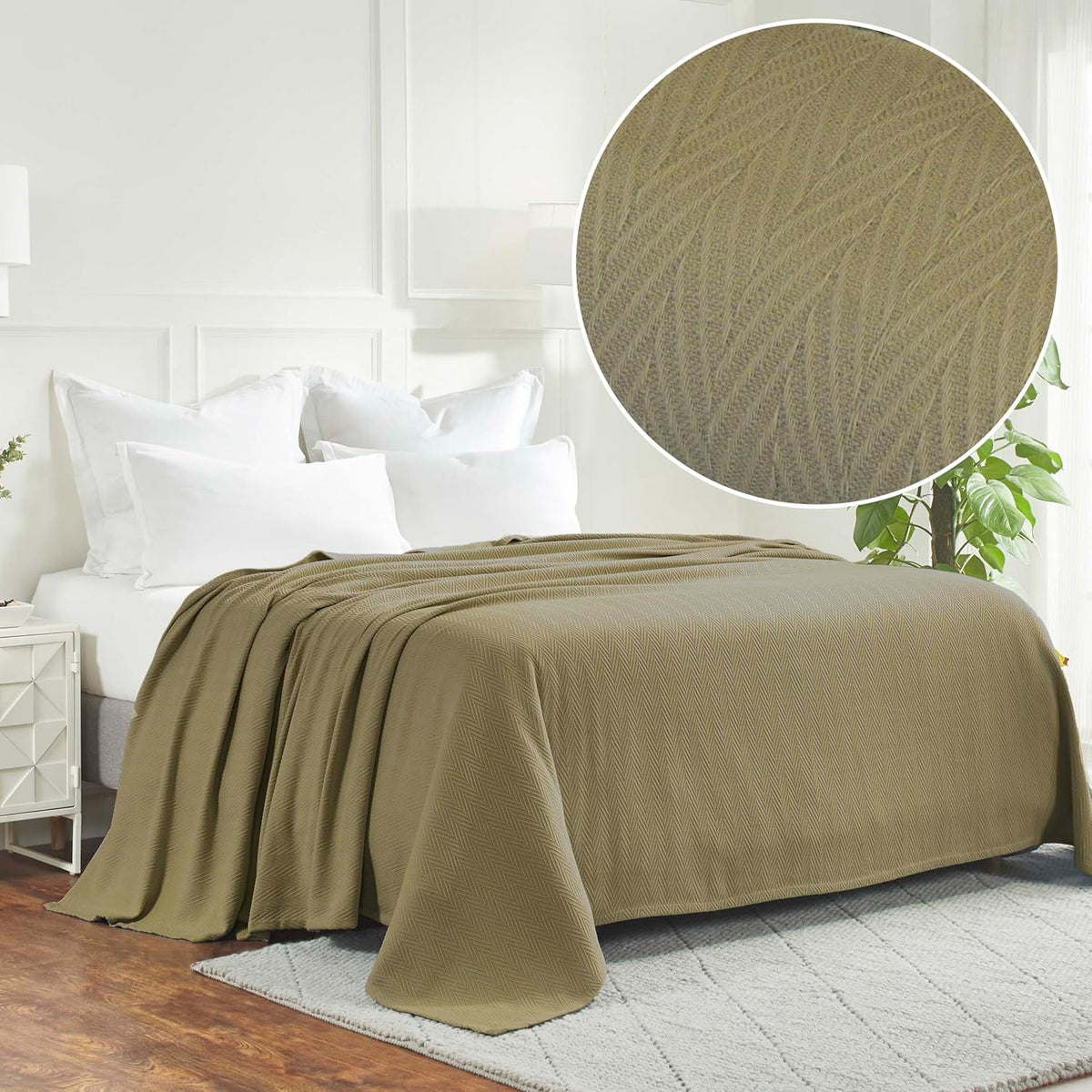 Superior Metro All-Season Cotton Blanket, Woven Blanket for Couch, Bed, Bedding, Farmhouse, Home Essentials, Cute and Cozy Bohemian Blankets, Herringbone Weave, California King, Sage