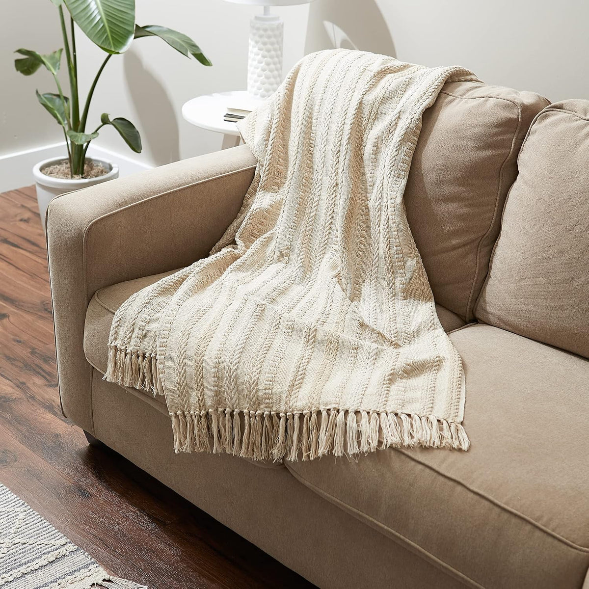 DII Braided Striped Throw Blanket, 50x60, Vintage Linen on Cream