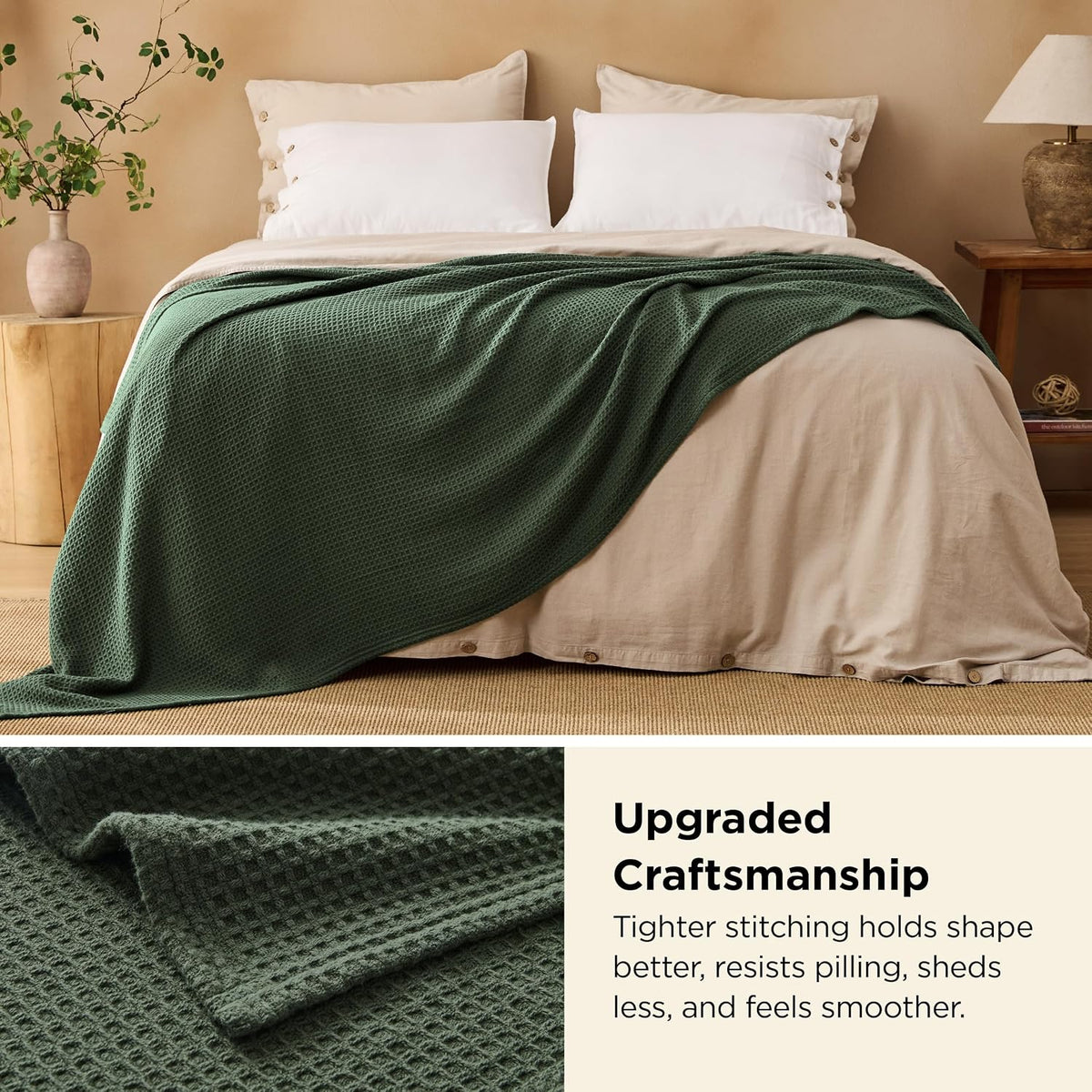 Bedsure GentleSoft 100% Cotton Blanket Queen Size for Summer - Breathable Lightweight and Soft, Basket Waffle Weave Woven Aesthetic Blankets for Women Gift, Home Decor, Olive Green, 90x90 inches