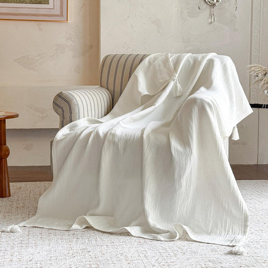 Simple&Opulence Linen Cotton Throw Blanket with Tassels, Double-Layer Flax Blend Blanket for Couch Sofa Bed, Soft Lightweight Breathable Boho Farmhouse Throw for All-Season (50"X60",White)