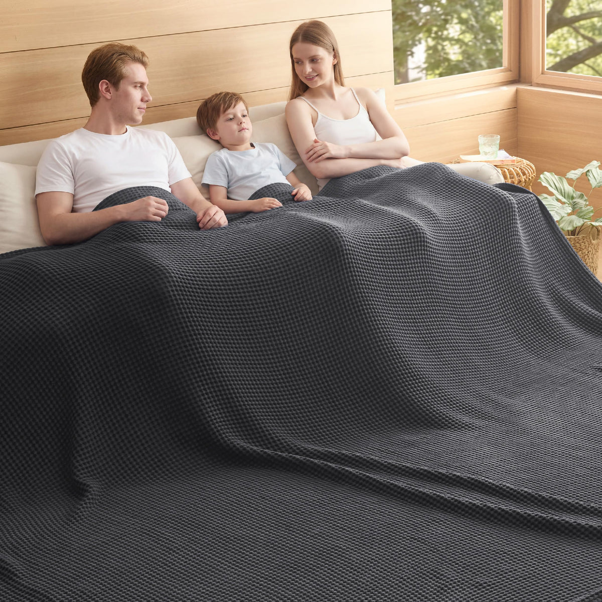 Bedsure Lightweight 100% Cotton Waffle Blanket, Throw XL, Linen