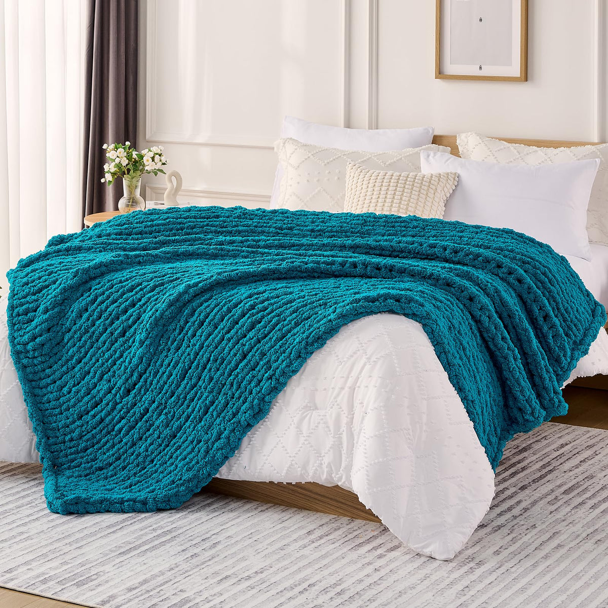 L'AGRATY Chunky Knit Throw Blanket for Couch, 50'' x 60'' Knit Throw, Ivory
