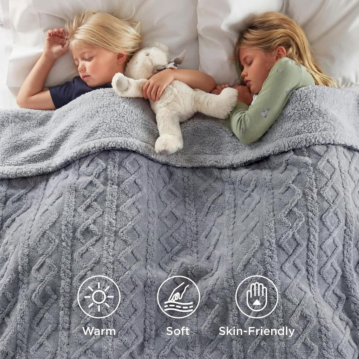 Bedsure Sherpa Fleece Blanket, Cable Jacquard Tufted, Warm, Throw, Grey