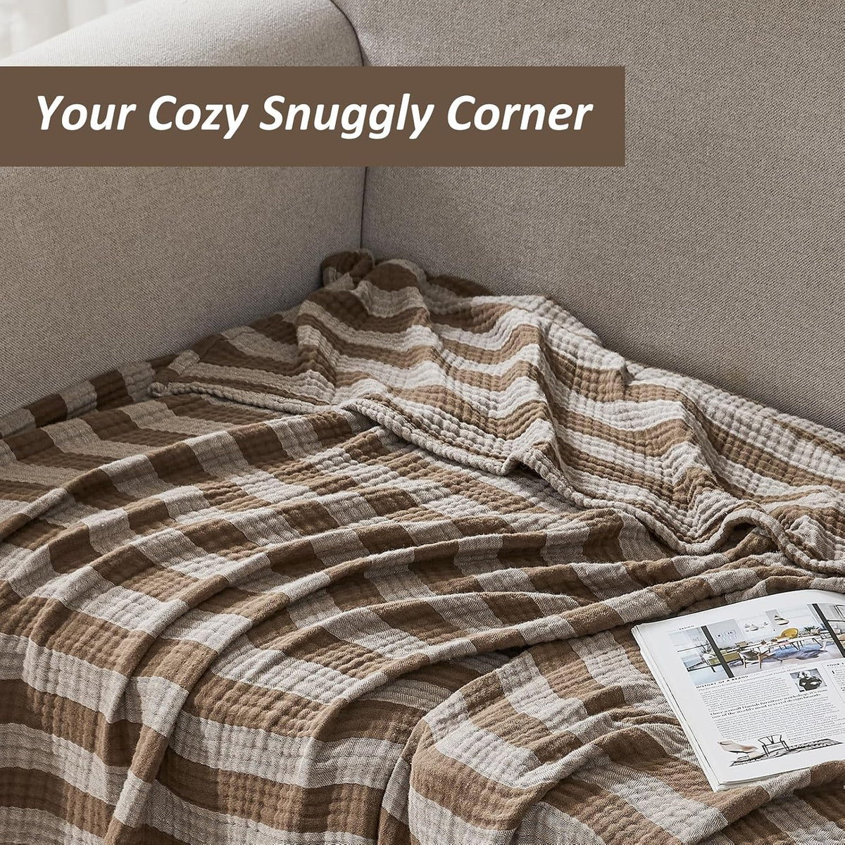 EMME Muslin Cotton Blanket Striped for Adults Couch Brown Throw XL 50"x 70"