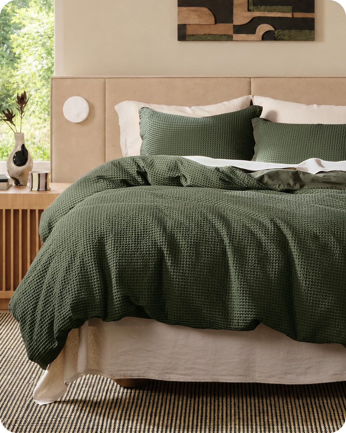 Bedsure PureWoven 3 Pieces 100% Cotton Waffle Duvet Cover Set, Queen, Linen