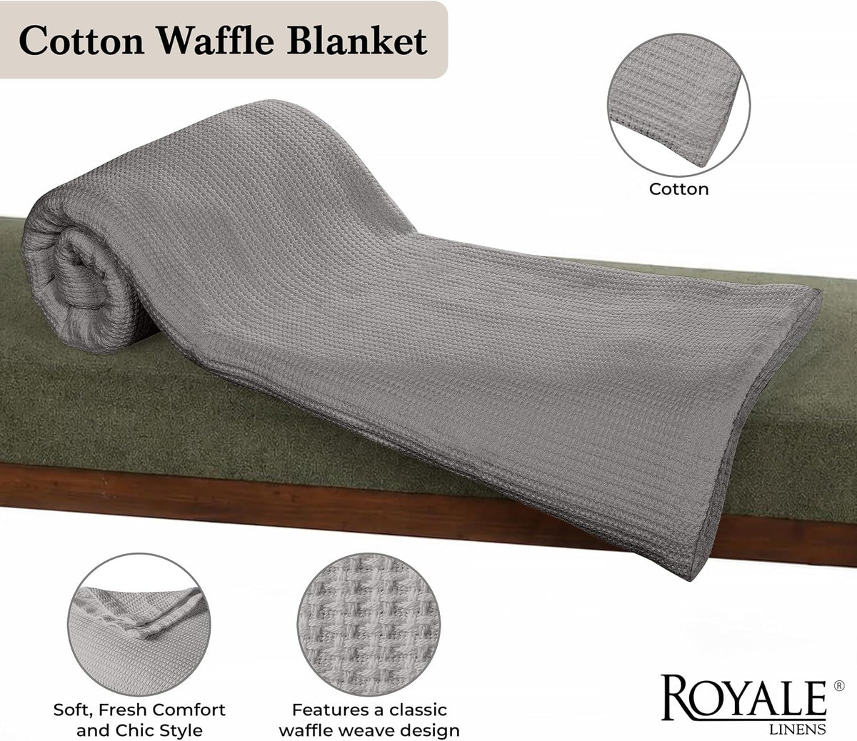 ROYALE LINENS Cotton Waffle Blanket - Breathable and Soft, Lightweight and Cozy Waffle Weave Bed Blanket for All Season (King, Monument)