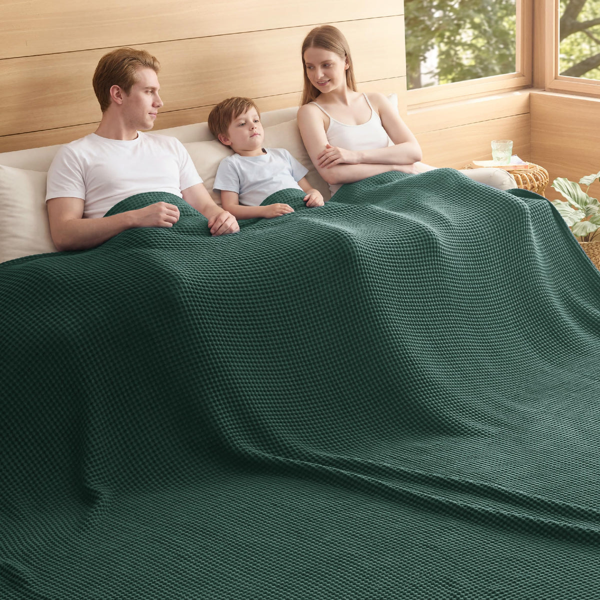 Bedsure Lightweight 100% Cotton Waffle Blanket, Throw XL, Linen
