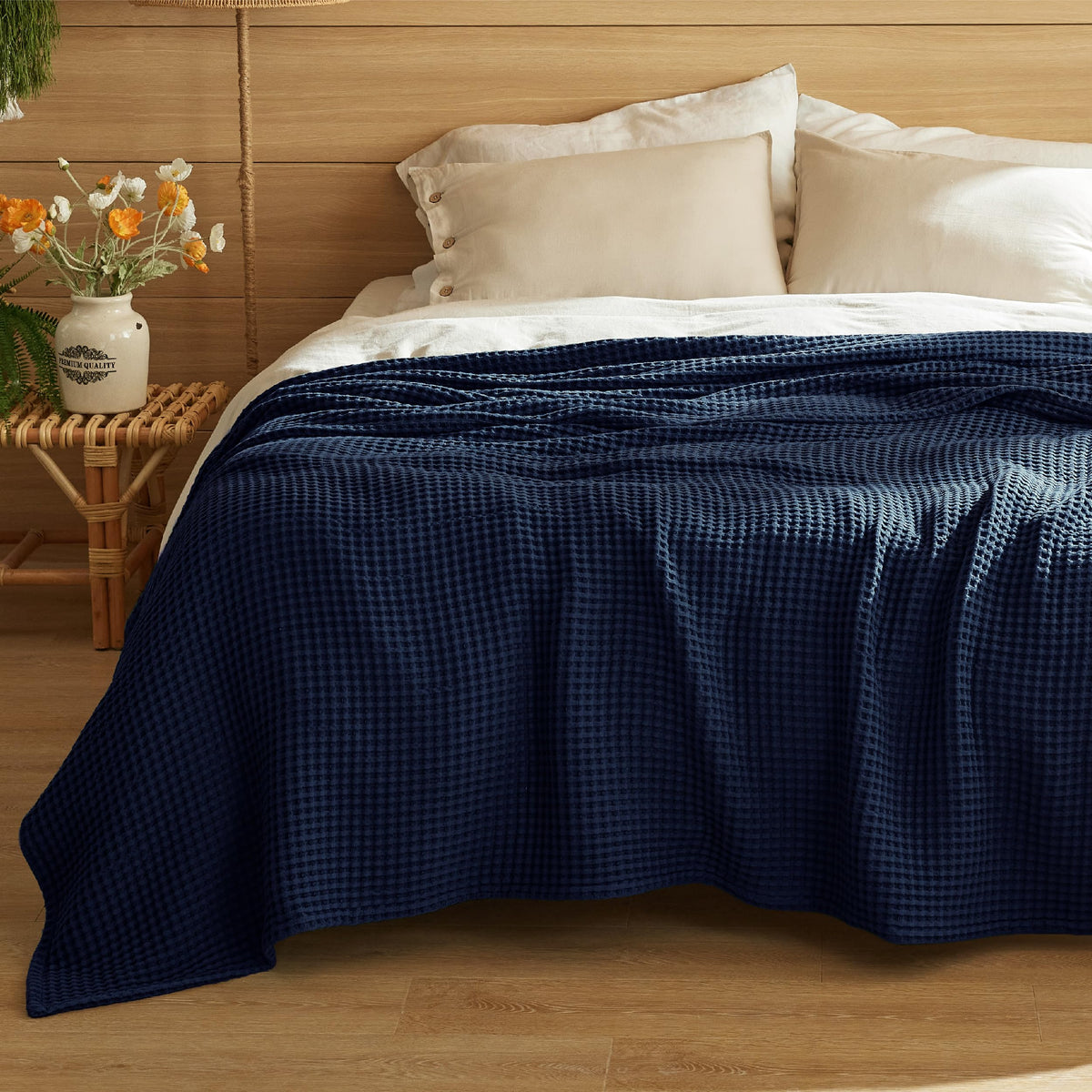 Bedsure Lightweight 100% Cotton Waffle Blanket, Throw XL, Linen