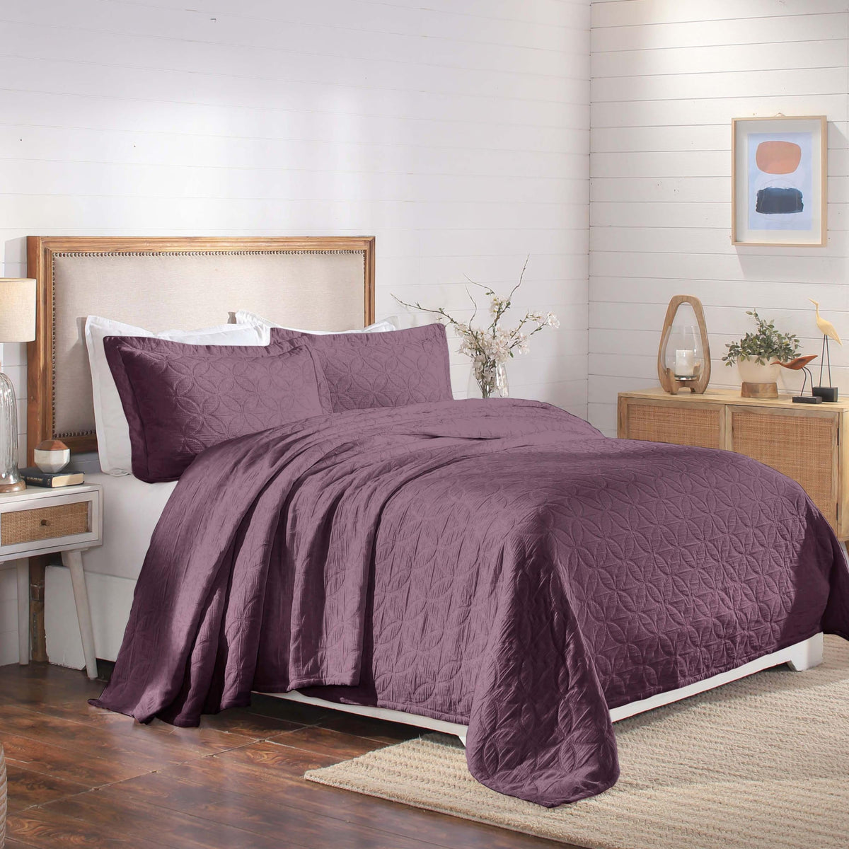 SUPERIOR Cotton 3-Piece Bedspread Set, 1 Medium Weight Bedspread, 2 Pillow Shams, Home Bed Decor, Warm Bedding, Matelasse Woven Oversized Blanket, Geometric Circles, Serenity Collection, King, Linen