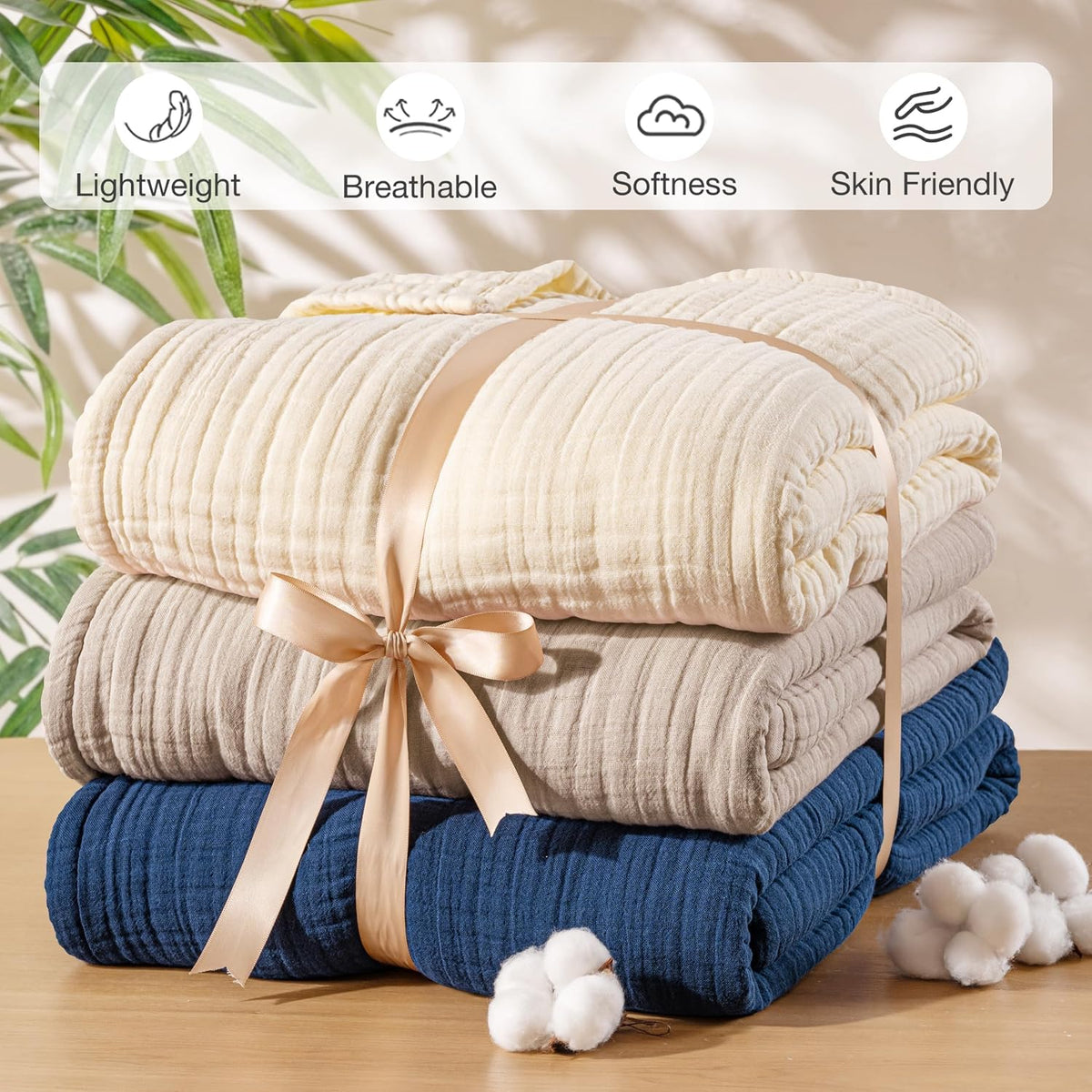 Exclusivo Mezcla 100% Cotton 6-Layer Muslin Throw Blanket, Khaki