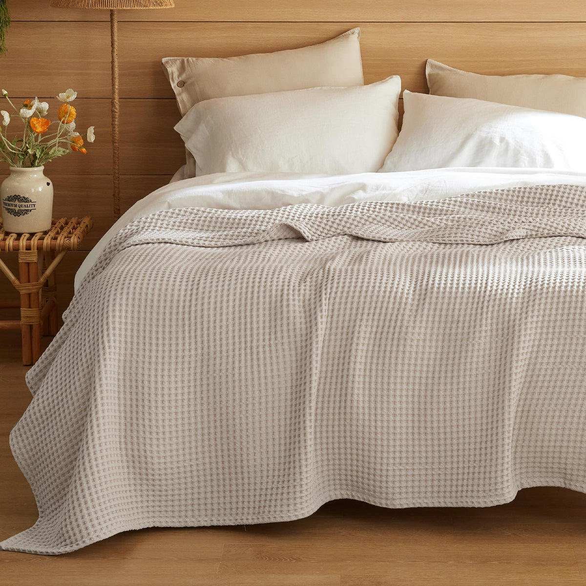 Bedsure Lightweight 100% Cotton Waffle Blanket, Throw XL, Linen