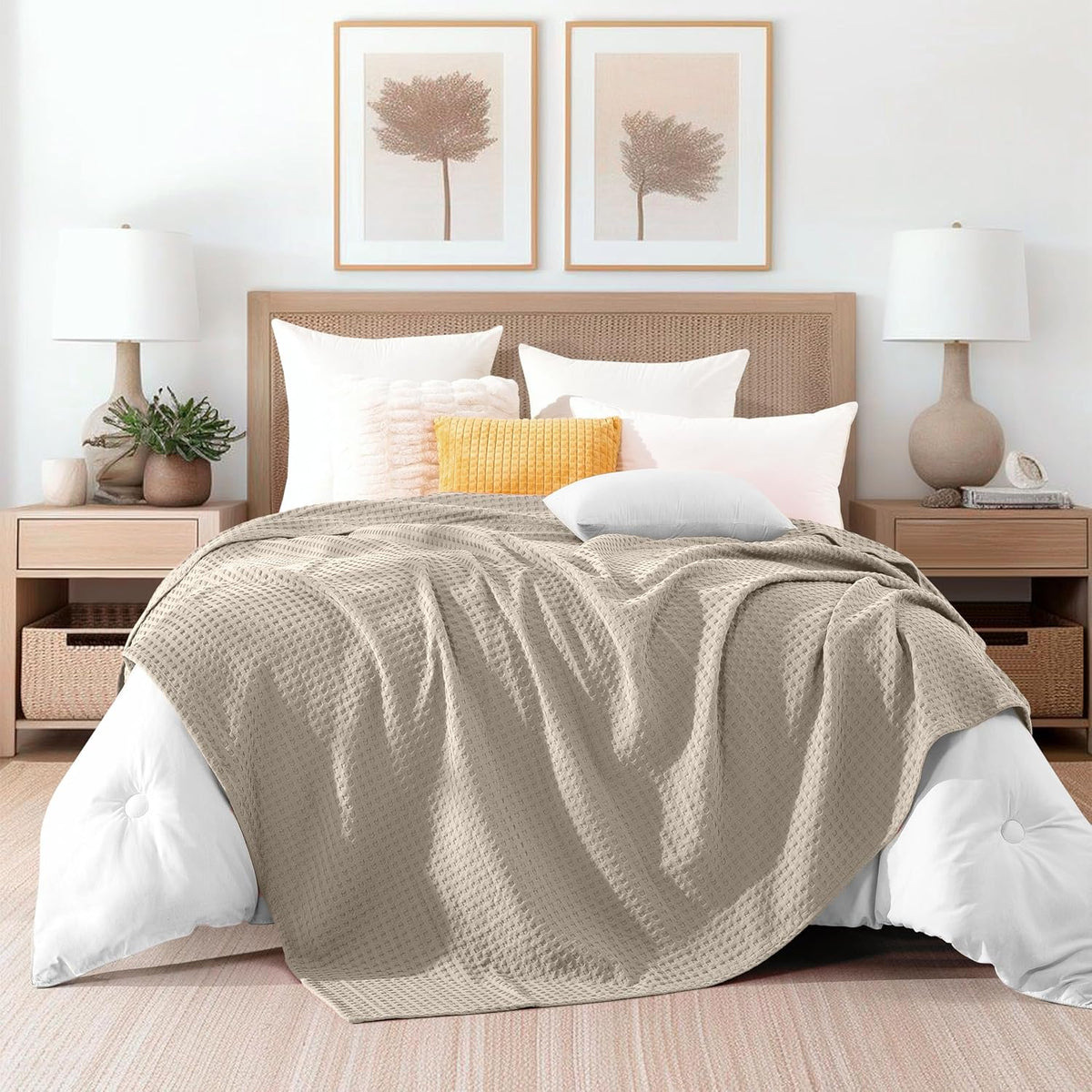 Elegant Comfort Premium 100% Cotton Waffle Blanket - Lightweight Breathable Waffle Weave Bed Blanket - Soft and Warm All Season Blanket for Couch, Sofa and Bed, King Size 90x108 Inches, Linen
