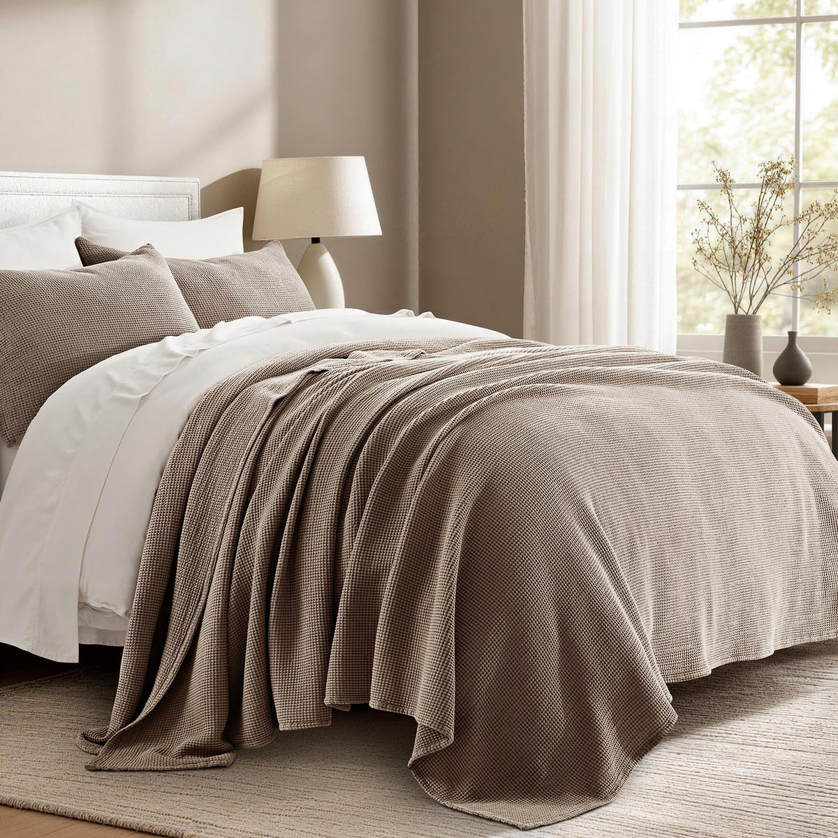 EverGrace 100% Cotton Waffle Bed Blanket, King Size, Birch
