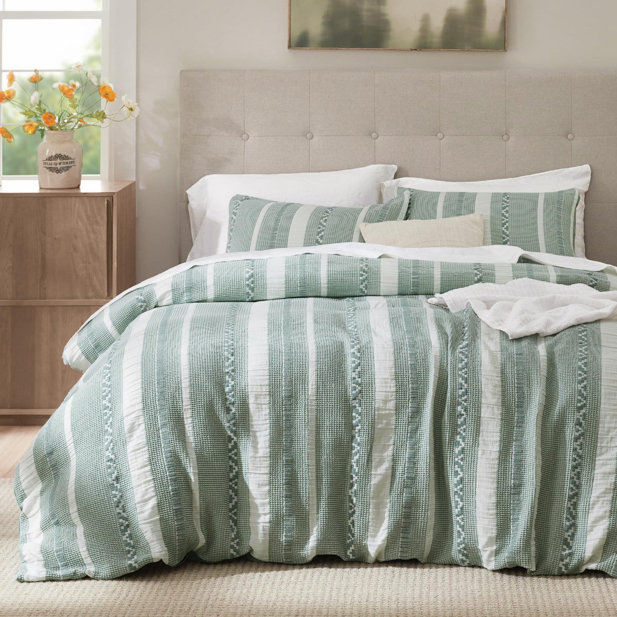 Bedsure PureWoven 3 Pieces 100% Cotton Waffle Duvet Cover Set, Queen, Linen