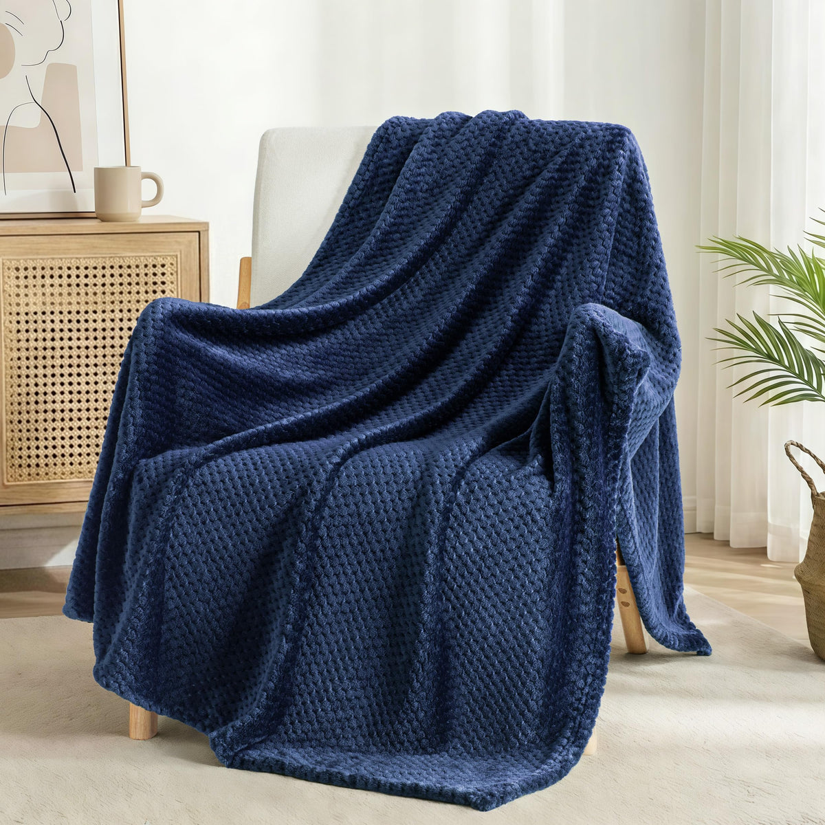 Exclusivo Mezcla Large Waffle Fleece Throw Blanket for Couch, Slate Blue