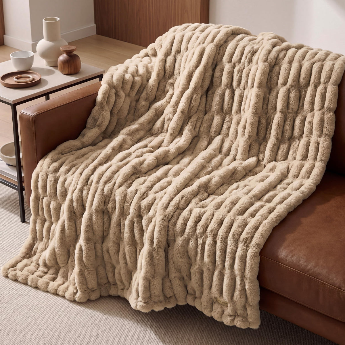 Bedsure Soft Double-Sided Faux Fur Throw Blanket, Light Brown, 50"x60"