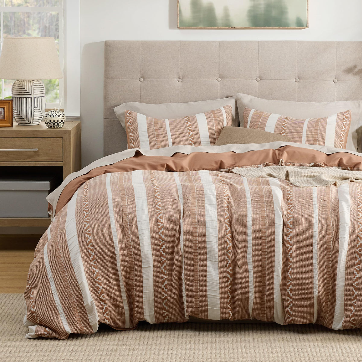 Bedsure PureWoven 3 Pieces 100% Cotton Waffle Duvet Cover Set, Queen, Linen