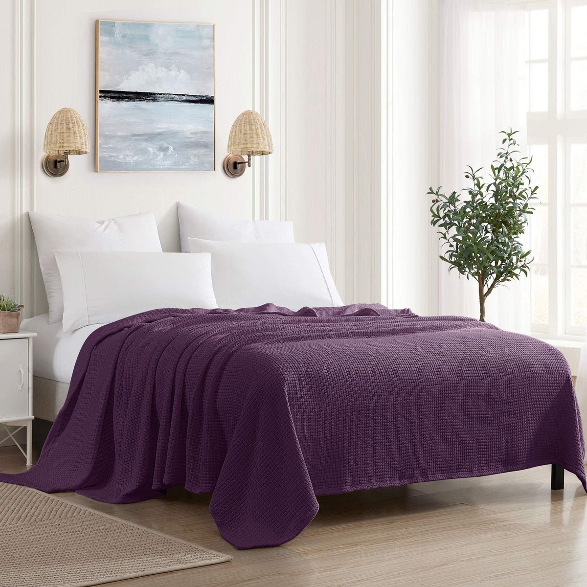 Sweet Home Collection 100% Fine Cotton Luxurious Basket Weave Blanket, Ivory Full/Queen(Pack of 1)