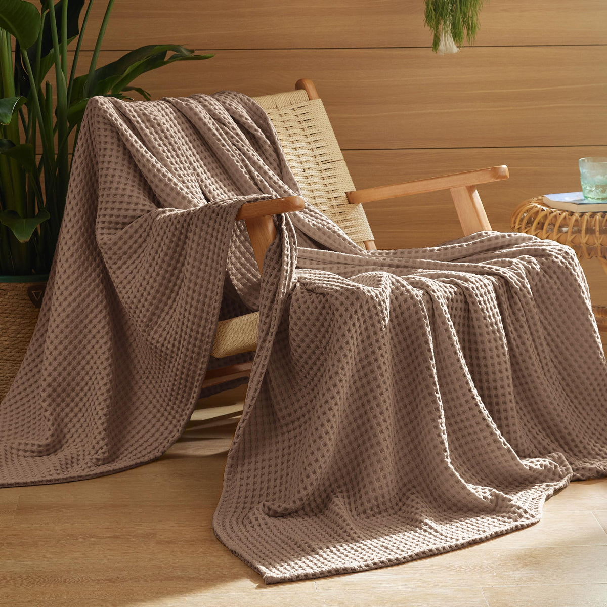 Bedsure Lightweight 100% Cotton Waffle Blanket, Throw XL, Linen