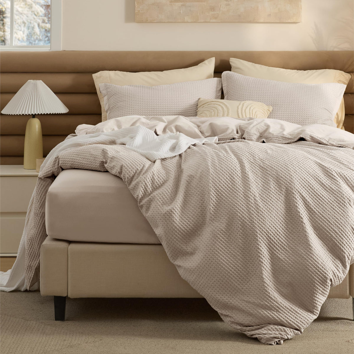 Bedsure PureWoven 3 Pieces 100% Cotton Waffle Duvet Cover Set, Queen, Linen