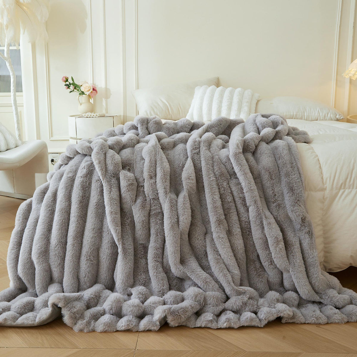 MEGO Fluffy Faux Rabbit Fur Ribbed Throw Blanket 50"x60", Rainbow