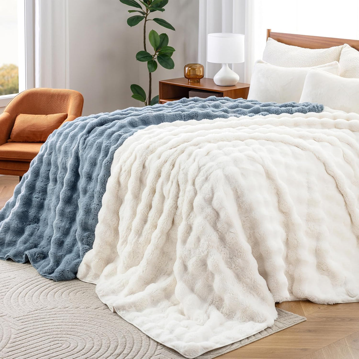 Berkshire Faux Fur & Velisse Reversible Blanket - Ultra Soft Plush Blanket for Couch and Bed, Luxury Fluffy Sofa Decor, 90" x 90", Polar Blue