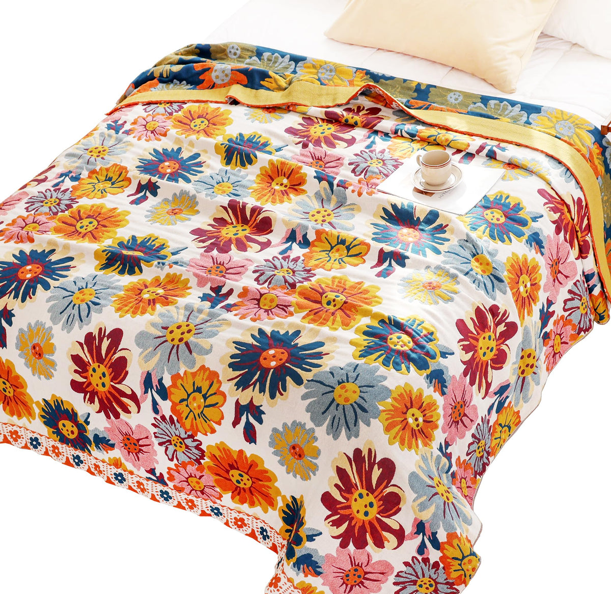 MEJU Indian Boho Muslin Lightweight Summer Blanket for Bed Sofa Couch, 100% Combed Cotton 3 Layer Soft Warm Quick Dry Throw Blanket Bed Coverlet Sheet (Boho, Twin 60 in X 80 in