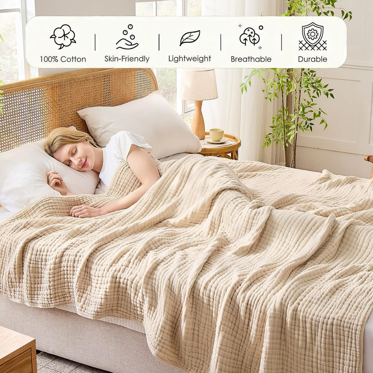 VANJOROY Muslin Throw Blanket for Adults, 100% Cotton 9-Layer 50x70, Beige
