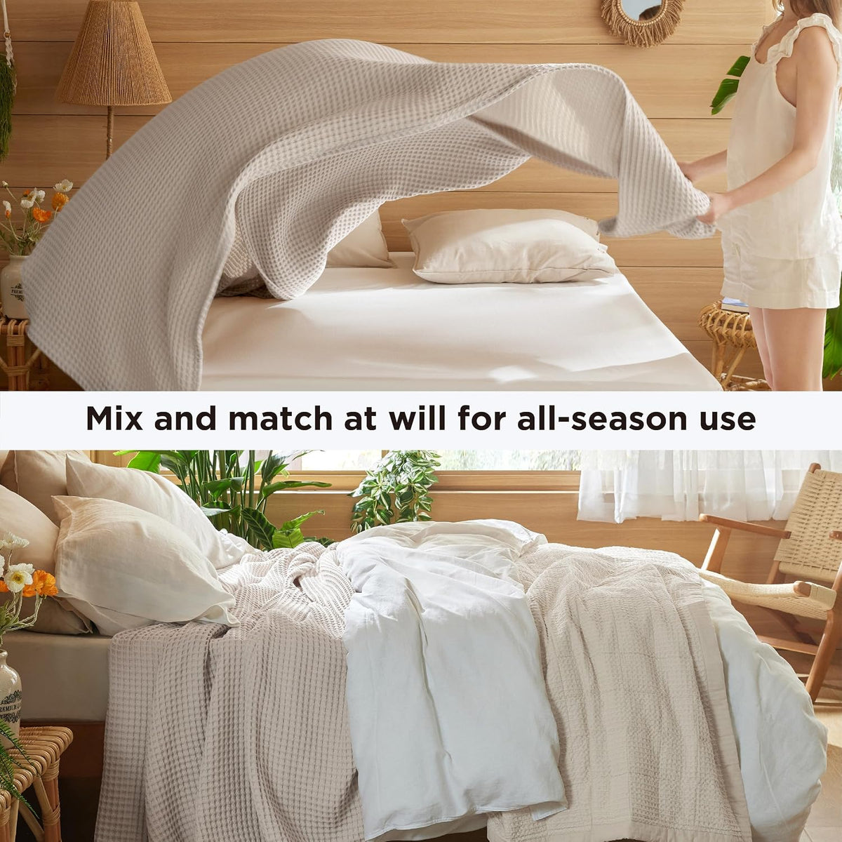Bedsure Lightweight 100% Cotton Waffle Blanket, Throw XL, Linen