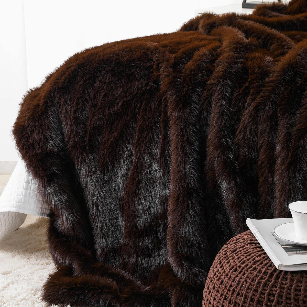 BATTILO HOME Faux Fur Throw Blanket, Luxury Fluffy Brown Blankets, 50"x60"