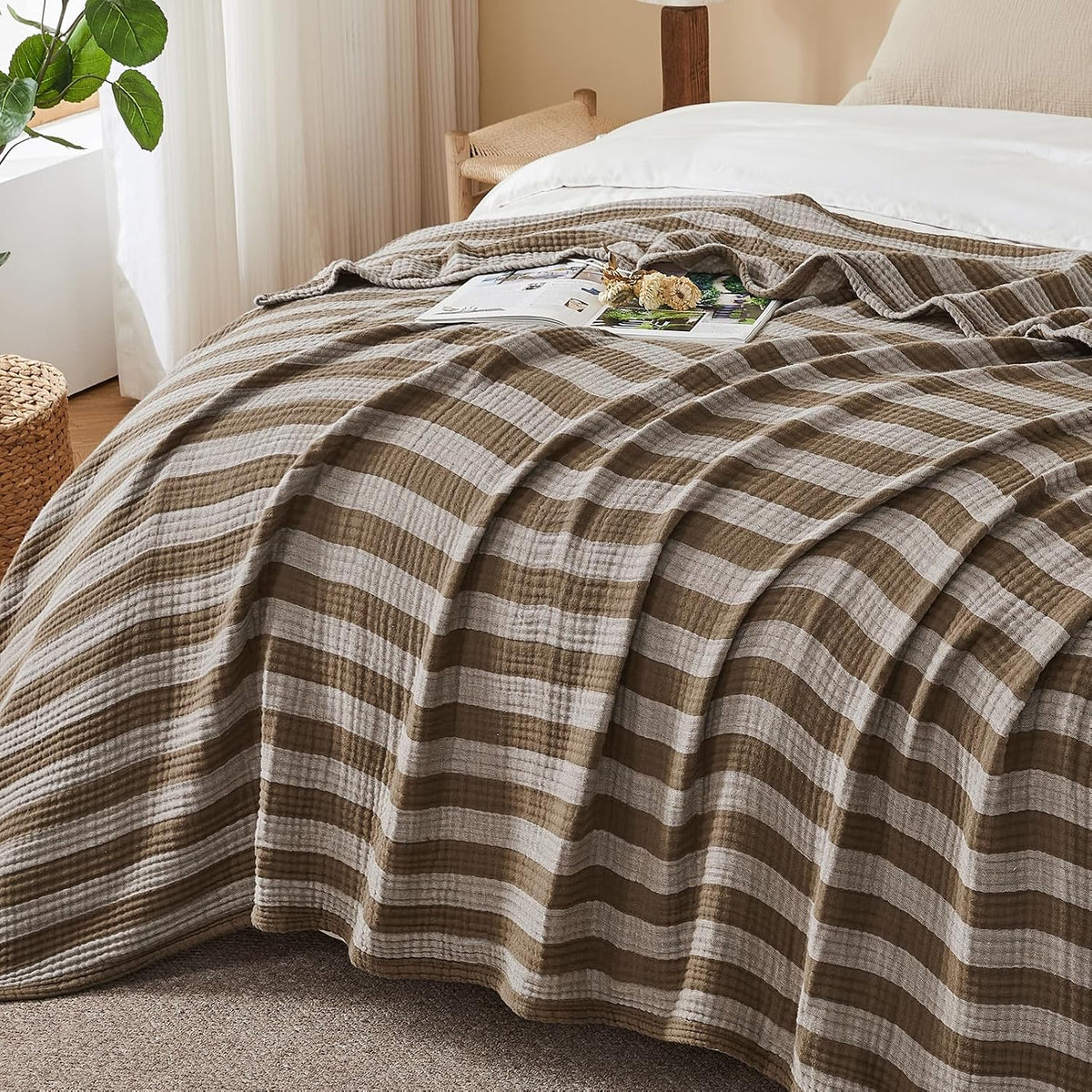 EMME Muslin Cotton Blanket Striped for Adults Couch Brown Throw XL 50"x 70"