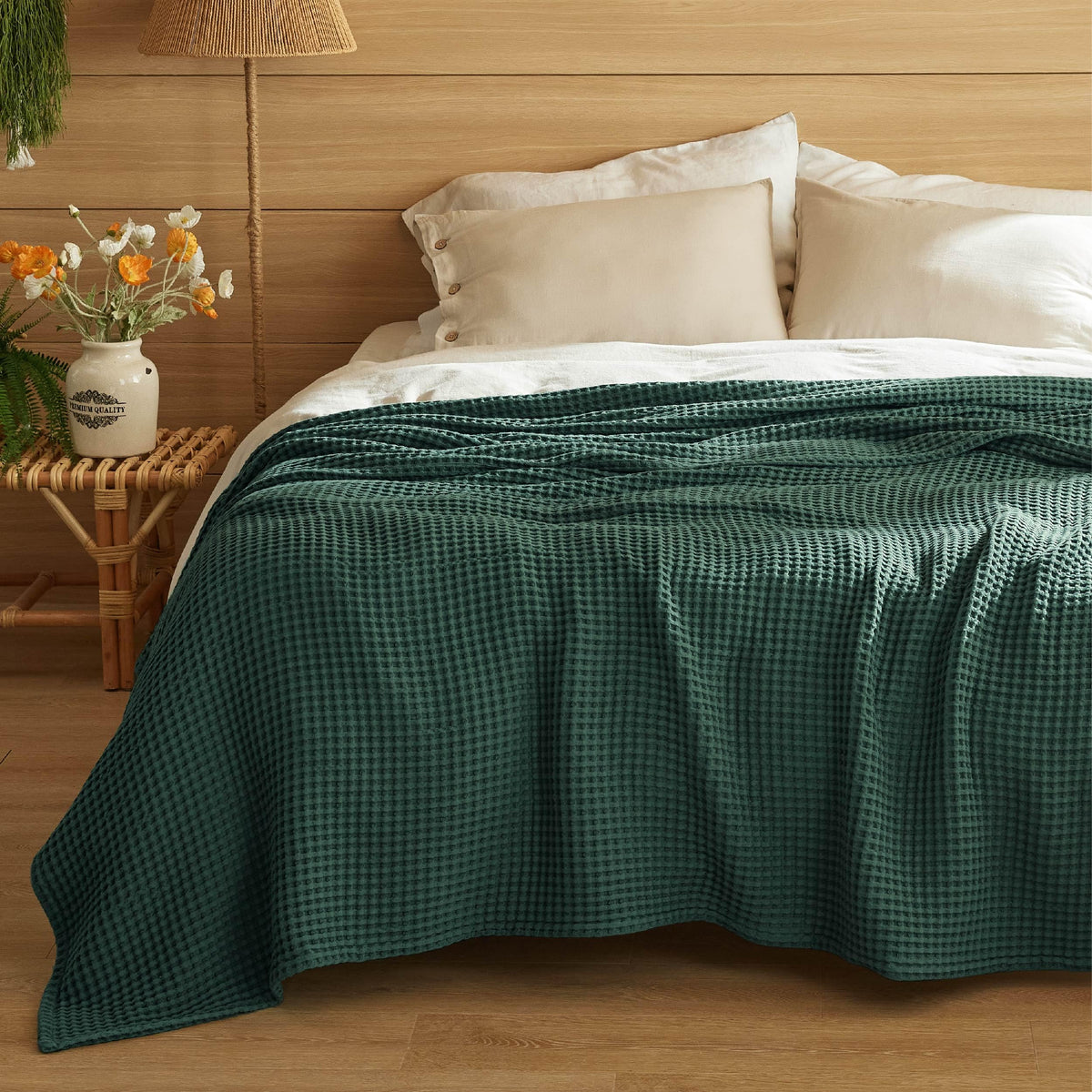 Bedsure Lightweight 100% Cotton Waffle Blanket, Throw XL, Linen