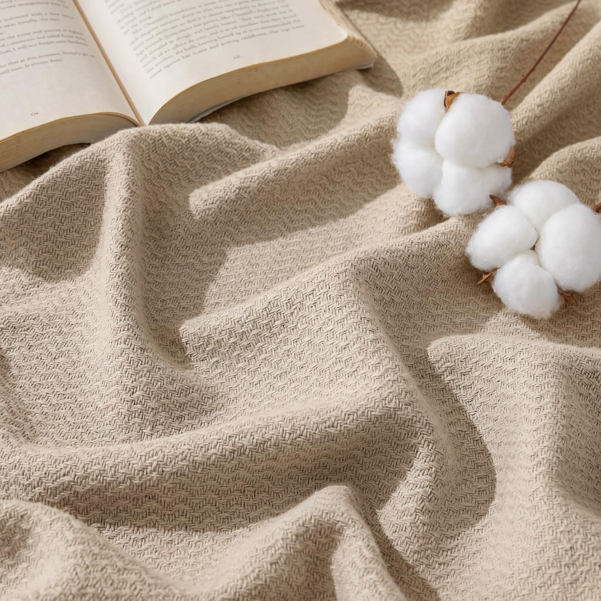 Bedsure 100% Cotton Blanket, Herringbone Weave, Queen Size, Linen Beige