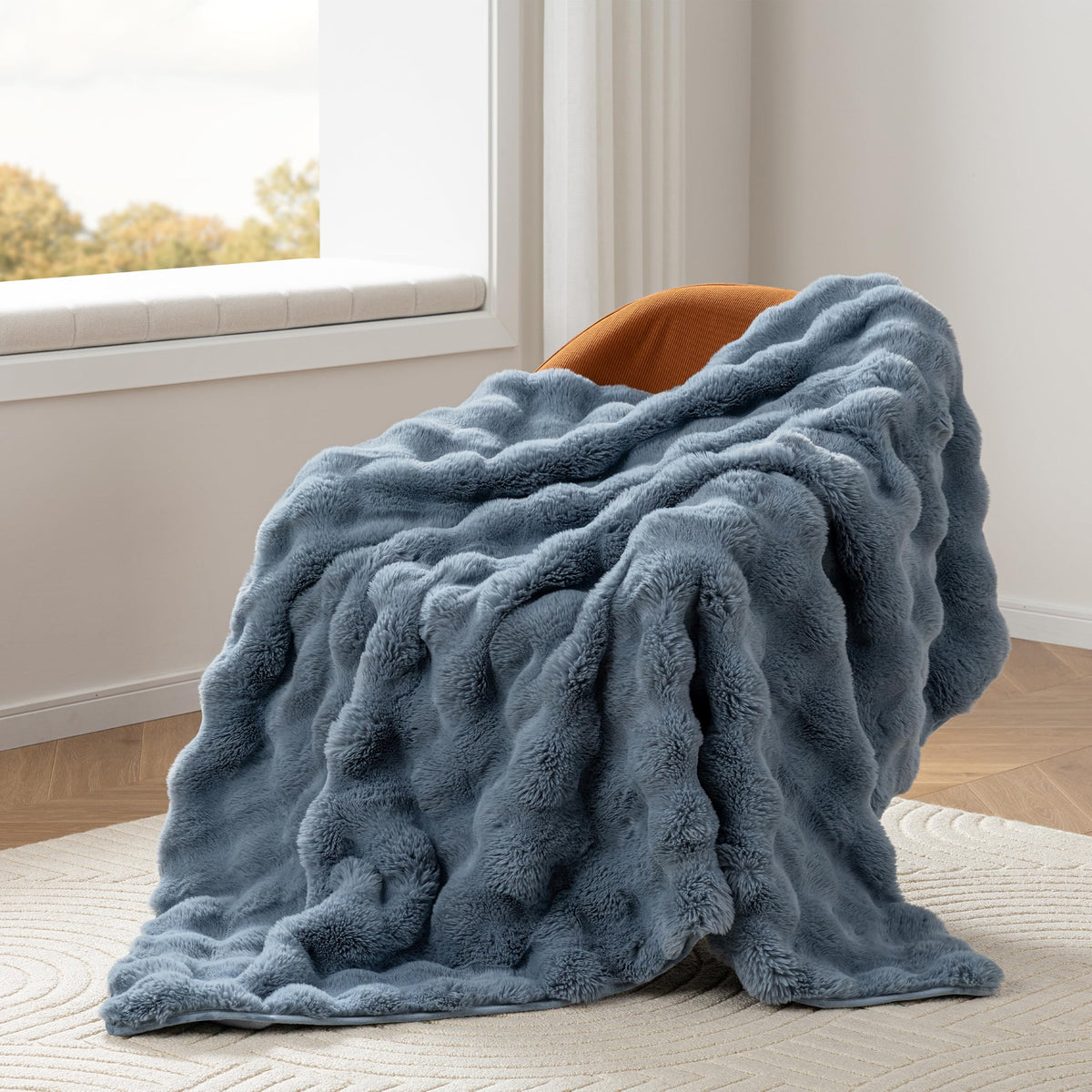 Berkshire Faux Fur & Velisse Reversible Blanket - Ultra Soft Plush Blanket for Couch and Bed, Luxury Fluffy Sofa Decor, 90" x 90", Polar Blue