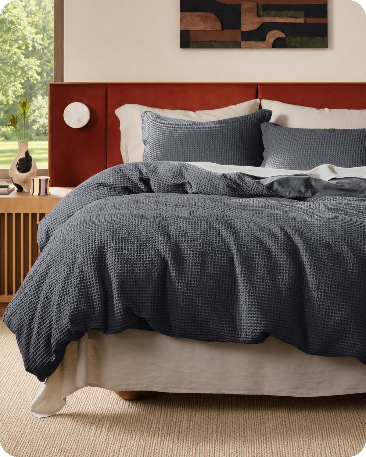 Bedsure PureWoven 3 Pieces 100% Cotton Waffle Duvet Cover Set, Queen, Linen