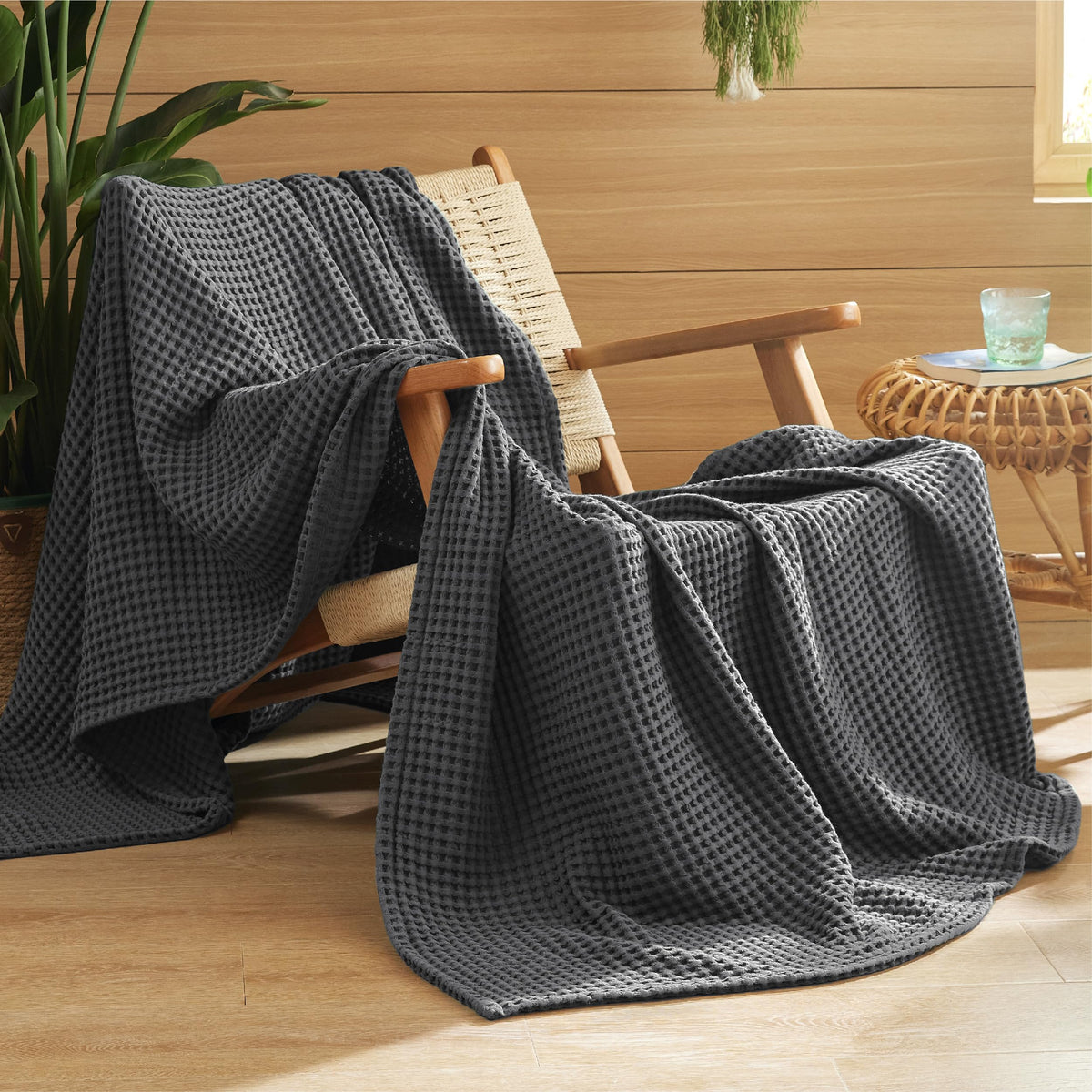 Bedsure Lightweight 100% Cotton Waffle Blanket, Throw XL, Linen