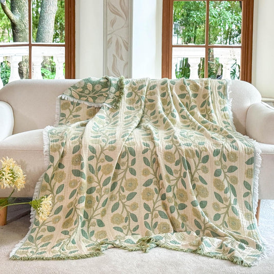 Simple&Opulence 100% Cotton Throw Blanket with Tassels, 4 Layer Lightweight Cotton Muslin Blanket for Couch Ultra Soft Breathable, Reversible Vintage Decorative Bed Throw (Light Green, 50" x 60")